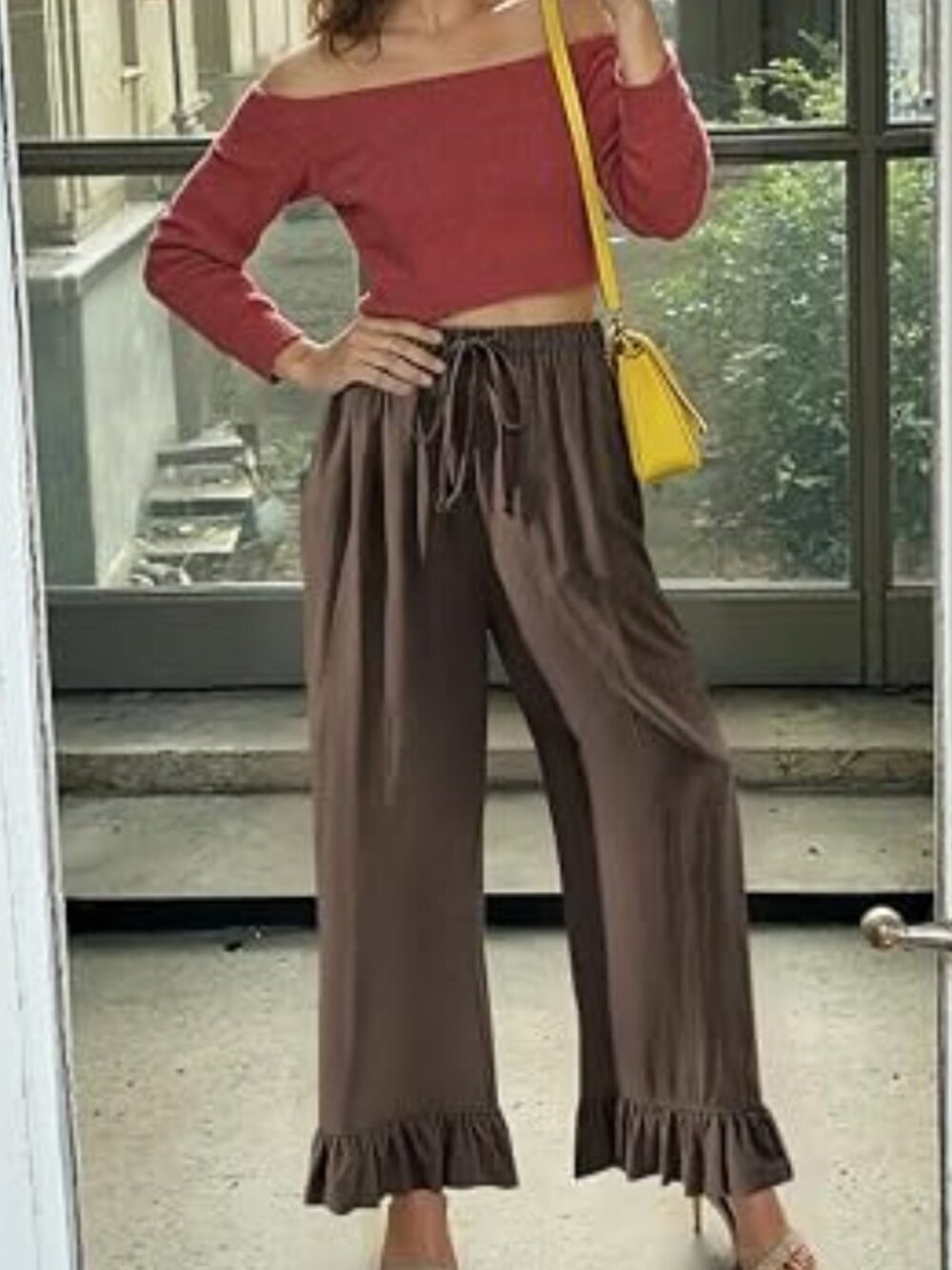 TARSE Women's Linen Wide Leg Pants Drawstring Ruffle Hem Trousers (L)
